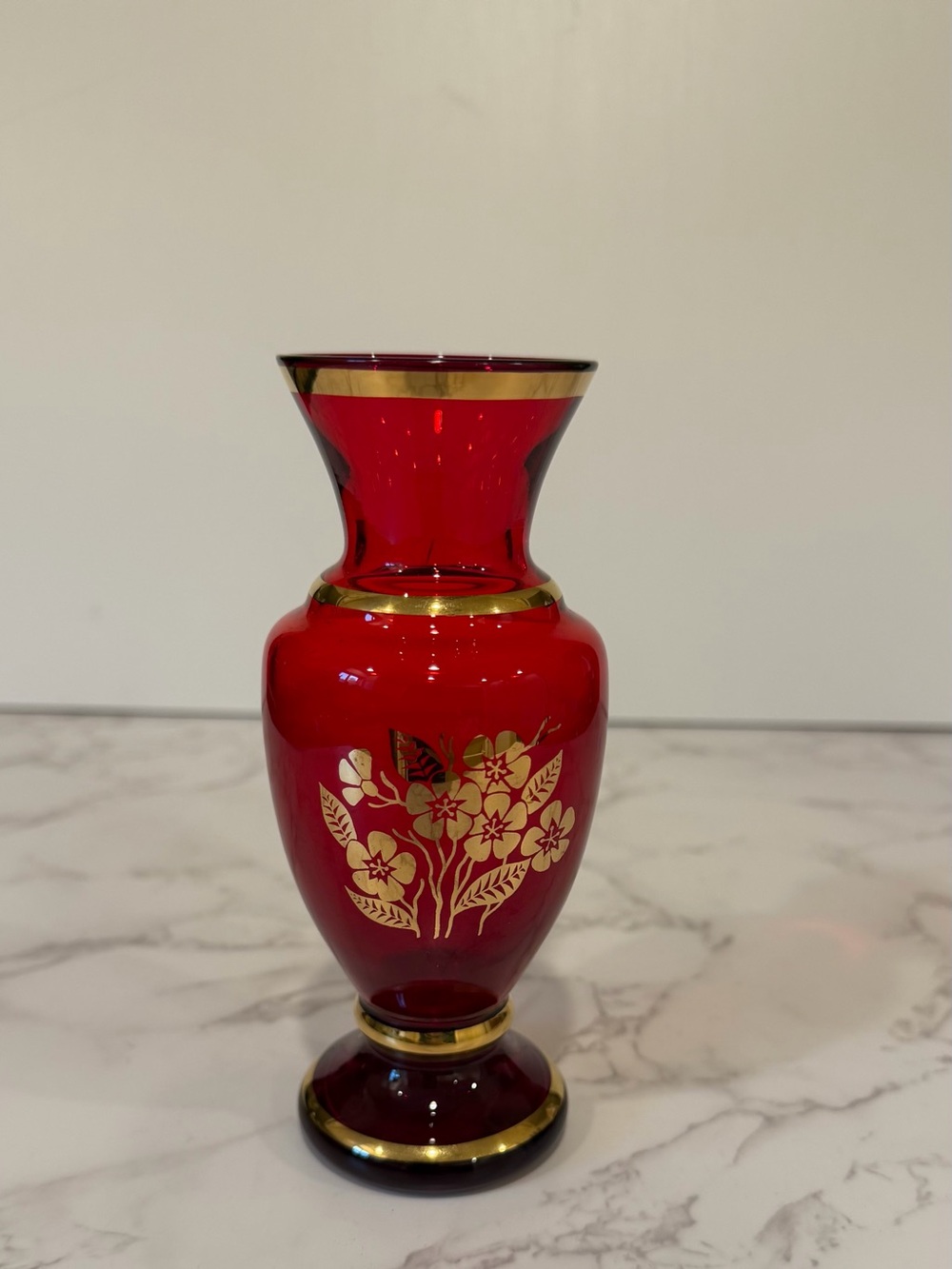 Vintage Ruby Red Glass Bud Vase with Gold Floral Design 6”